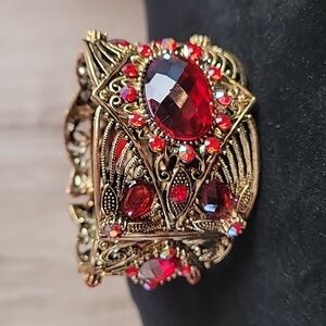 Victorian Revival Gold Tone Cuff Bracelet | Red Rhinestone Statement | Filigree
